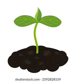 Young green sprout growing from the ground. Vector texture illustration of young plant. Symbol of new beginnings. Print for learning, gardener, kindergarten, decoration, decor, fabric