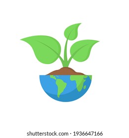 Young green sprout of plant in the half of globus. Model of Earth and plant. Eco sign, nature protection symbol. Flat design. Vector illustration