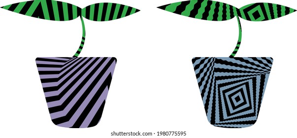 brotes de verde joven en macetas y patrones en estilo de op art iconos modernos para jardinería