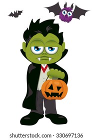 Young Green Vampire Holding Pumpkin Lantern