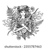 Young green witch gathered herbs. Halloween witch illustration. Forest Fairy. Hand drawn sketch. Hand drawn vector illustration.