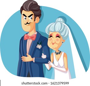 Young Groom Marrying Older Woman for Money. Gold-digger man marrying up for social and financial status
