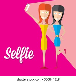 Young group of friends taking selfie photo together with mobile phone .Taking Selfie Photo on Smart Phone concept icon. vector illustration.