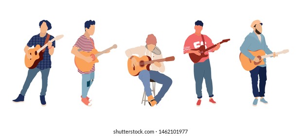 Young group of men playing guitar. Isolated flat illustration - Vector