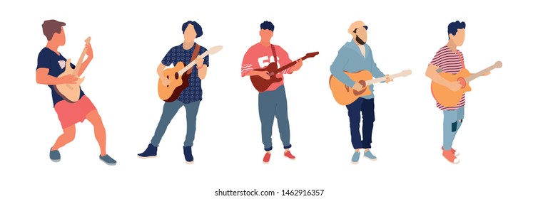 Young group of men playing guitar. Isolated flat illustration - Vector
