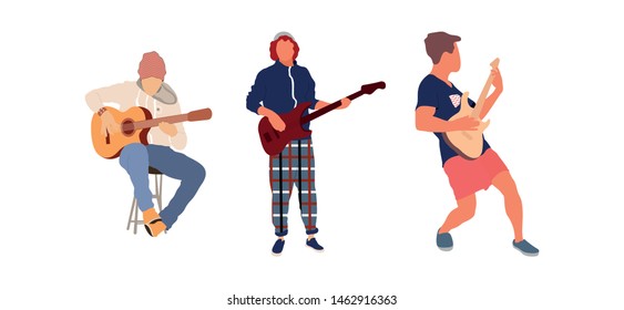 Young group of men playing guitar. Isolated flat illustration - Vector