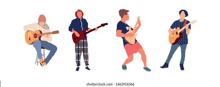 Young group of men playing guitar. Isolated flat illustration - Vector