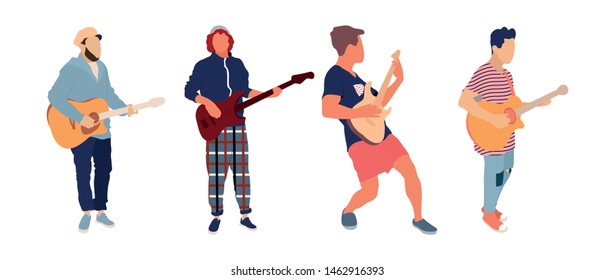 Young group of men playing guitar. Isolated flat illustration - Vector