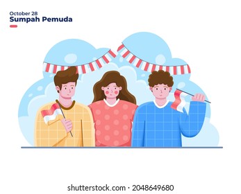 Young group people celebrate Indonesian Youth Pledge or Sumpah Pemuda at 28 October illustration. can be used for greeting card, banner, poster, web, postcard, social media.