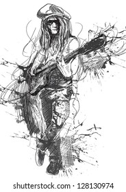 Young guitar player in expressive outlines and grungy spots. /// Vector description: contours in shades of gray and black, editable in 6 layers.