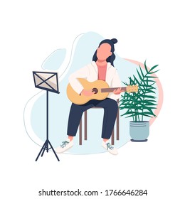 Young guitarist flat color vector faceless character. Acoustic guitar player. Learn to play musical instrument. Musician isolated cartoon illustration for web graphic design and animation