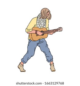 Young guitarist man standing and playing music on acoustic guitar - cartoon street musician in casual clothes performing in emotional pose. Flat isolated vector illustration.