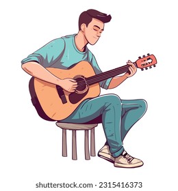 young guitarist playing acoustic guitar icon isolated