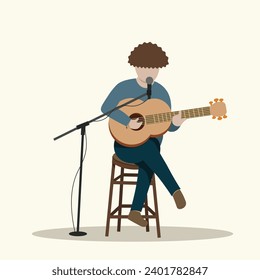 A young guitarist playing guitar and singing acoustic song. Vector illustration on soft yellow background