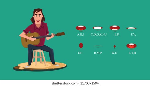 young Guitarist and Singer sitting on a chair or  stool and playing a guitar and singing vector flat design illustration with lip sync.