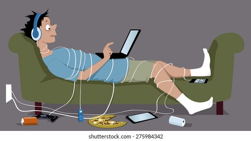 Young guy, addicted to internet, lying on a couch, tangled up in cables from his many gadgets, a laptop sitting on his stomach, vector illustration, no transparencies, EPS 8 