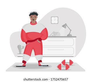 Joven después de entrenamiento en casa. Ilustración de vector colorida en estilo de caricatura