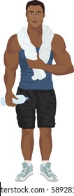 Young guy after work out, with towel and water bottle. Vector illustration.