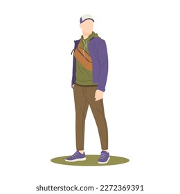 young guy with athletic body posing in trendy outfits isolated illustration
