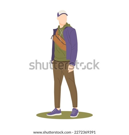 young guy with athletic body posing in trendy outfits isolated illustration