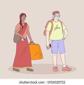 Joven con mochila, gafas y audífonos y una chica india con equipaje y maleta se para con tarjeta de embarque y espera su control de entradas. vector de línea plana