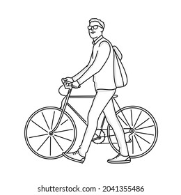 Young guy with a backpack on his back walks with a bicycle. Hand drawn vector illustration. Black and white.