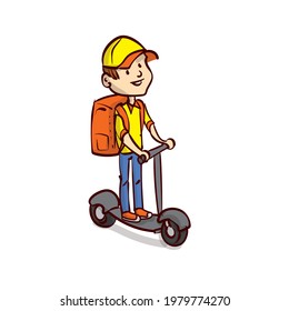 Un joven con una mochila monta una moto. Courier. ¡Traición! Trabajar para un adolescente. Los adolescentes trabajan de vacaciones. Vector de dibujos a mano.