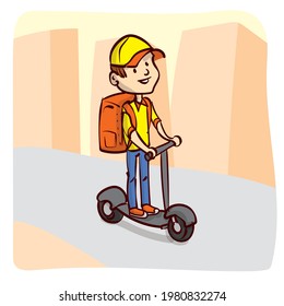 A young guy with a backpack rides a scooter. Courier. Deliveryman. Work for a teenager. Teenager work on vacation. Hand drawn cartoon vector.