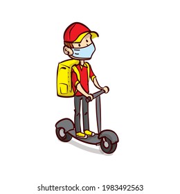 A young guy with a backpack rides a scooter. Courier. Deliveryman. Work for a teenager. Teenager work on vacation. Hand drawn cartoon vector.