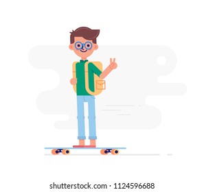 Young guy with backpack is riding on a skateboard. Modern character. Flat vector illustration.