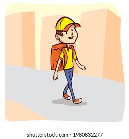 A young guy with a backpack is walking. Courier. Deliveryman. Work for a teenager. Teenager work on vacation. Hand drawn cartoon vector.