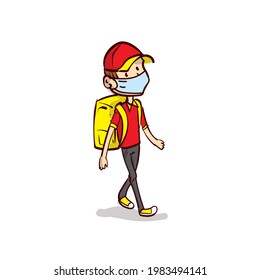 A young guy with a backpack is walking. Courier. Deliveryman. Work for a teenager. Teenager work on vacation. Hand drawn cartoon vector.