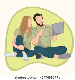 young guy with beard and lady sit on floor, show finger in laptop vector