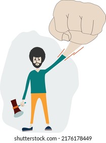 A young guy with a beard protests with his fist raised and a megaphone in his other hand.  