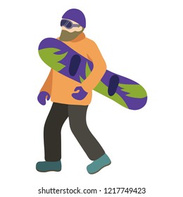 Young guy with a beard is riding a snowboard in stylish bright clothes.
