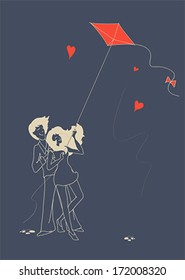 Young guy and beautiful girl in love fly a kite. Illustration, vector