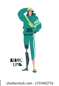 Young guy with a bionic prosthetic leg. People with disabilities and healthy lifestyle concept