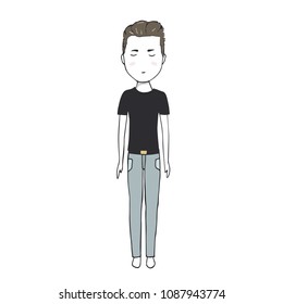 Young guy in black T-shirt hipster men digital art drawing illustration brown hair rock biker boy kid full-length on white background