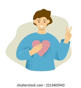 Young guy in a blue T-shirt holds a heart on his chest and shows two fingers on an abstract field. Mental health. Psychology of people. A man about self-love and mental well-being. Vector illustration