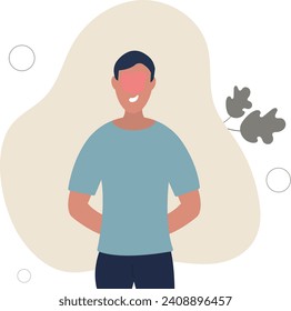 Junge Junge errötete aus Verlegenheit und versteckt seine Hände hinter seinem Rücken.flache Vektorgrafik.