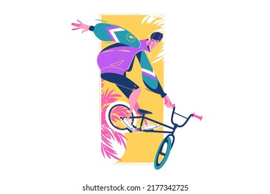 Joven tipo bmx estilo libre deportista ilustración vectorial. Hombre monta bicicleta y hace trucos de estilo plano. Deporte, hobby, concepto de ciclismo extremo