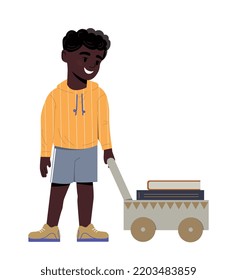 Young guy with book. Schoolboy has fun with textbooks. Boy and books. Education, training and selfdevelopment. Knowledge and information. Poster or banner for website. Cartoon flat vector illustration