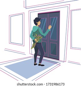 Young Guy With A Bouquet Of Flowers Is Knocking On The Door.  Stock Vector Illustration Of A Man In Flat Style. Thin Guy In A Hoodie And Jeans. Happy Boy On The Background Of The Building