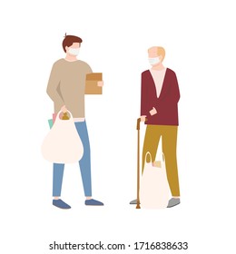 A Young Guy Brings Food From A Supermarket To His Grandfather. Help For The Elderly During Quarantine. Volunteer Work During The COVID-19 Epidemic. Vector Illustrator.