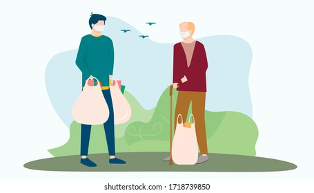 A Young Guy Brings Food From A Supermarket To His Grandfather. Help For The Elderly During Quarantine. Volunteer Work During The COVID-19 Epidemic. Vector Illustrator.