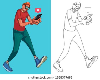 Young guy browsing on his phone while walking