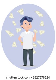 ein junger Mann mit einem Bündel Geld in den Händen in den Regen von Scheinen umgeben von Geld. Zeichenvorlage. flache Vektorgrafik