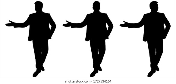 Young guy in a business suit is presenting, is presenting something. Front view, full face. Teacher is in motion, goes and gestures. Man at the presentation, confident walk. Successful businessman.