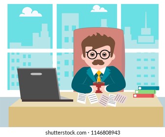 
young guy businessman worker sitting in the office at work in a suit with a tie at the table with a laptop paper folders and holding in his hands a morning coffee in a cup on the background window