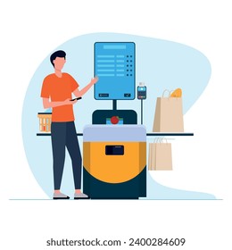 A young guy buys goods in a store. Self-service checkout. Map and phone . Convenient equipment for quick shopping in stores and supermarkets.